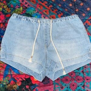 ROXY Cotton Blend Light Blue Summery Jean Shorts with Drawstring Size Small